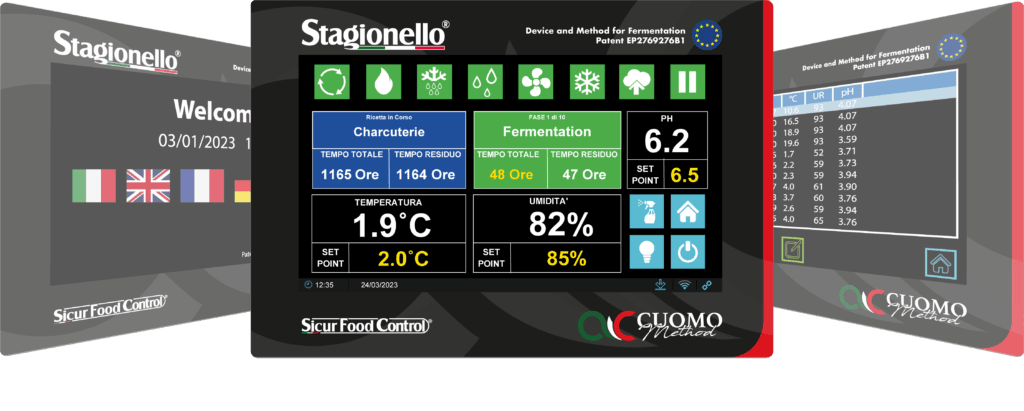 Dry Age Control 4.0 touchscreen: welcome screen, live dashboard with temperature, humidity and pH, and the pH log