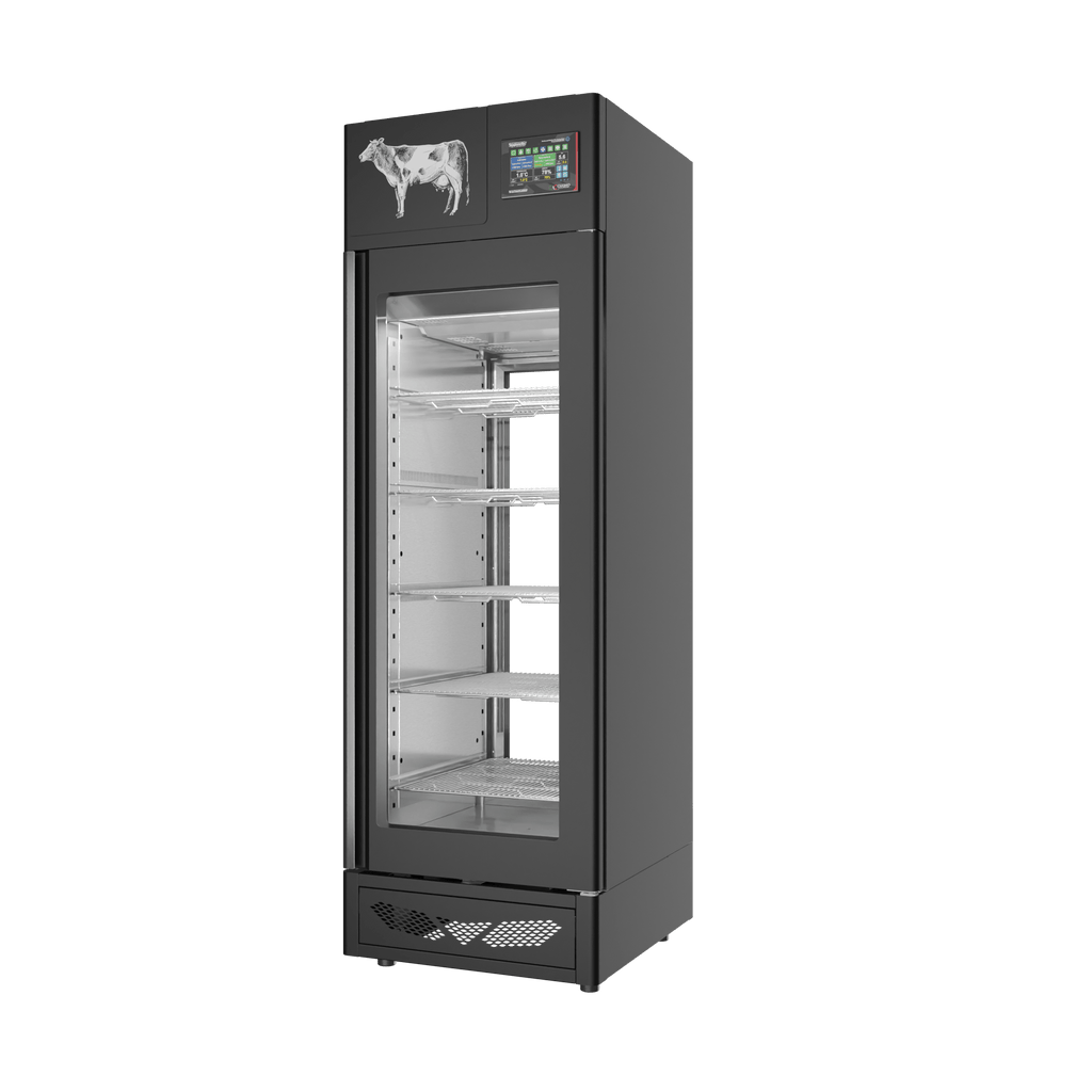 Stagionello® Meat Curing Device 100 kg, black finish, 2-sided glass, right side view
