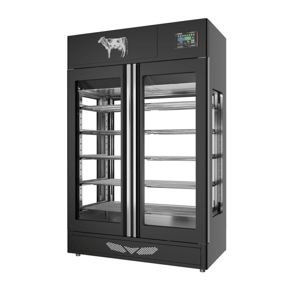 Stagionello® Meat Curing Device 200 kg, black finish, 4-sided glass, right side view