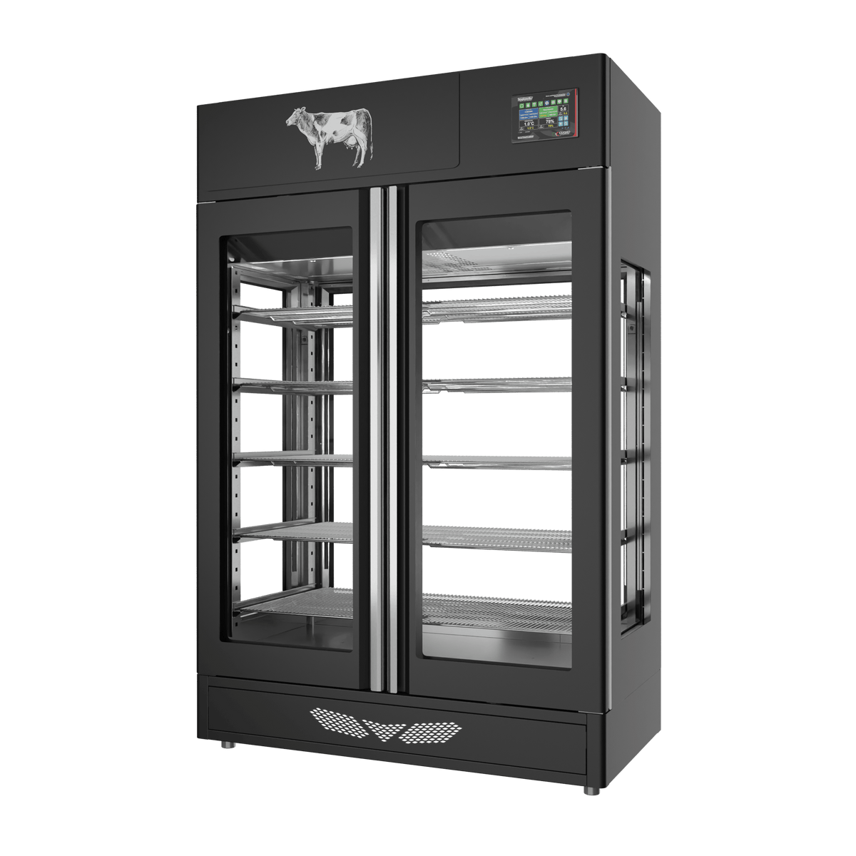 Stagionello® Meat Curing Device 200 kg, black finish, 4-sided glass, right side view