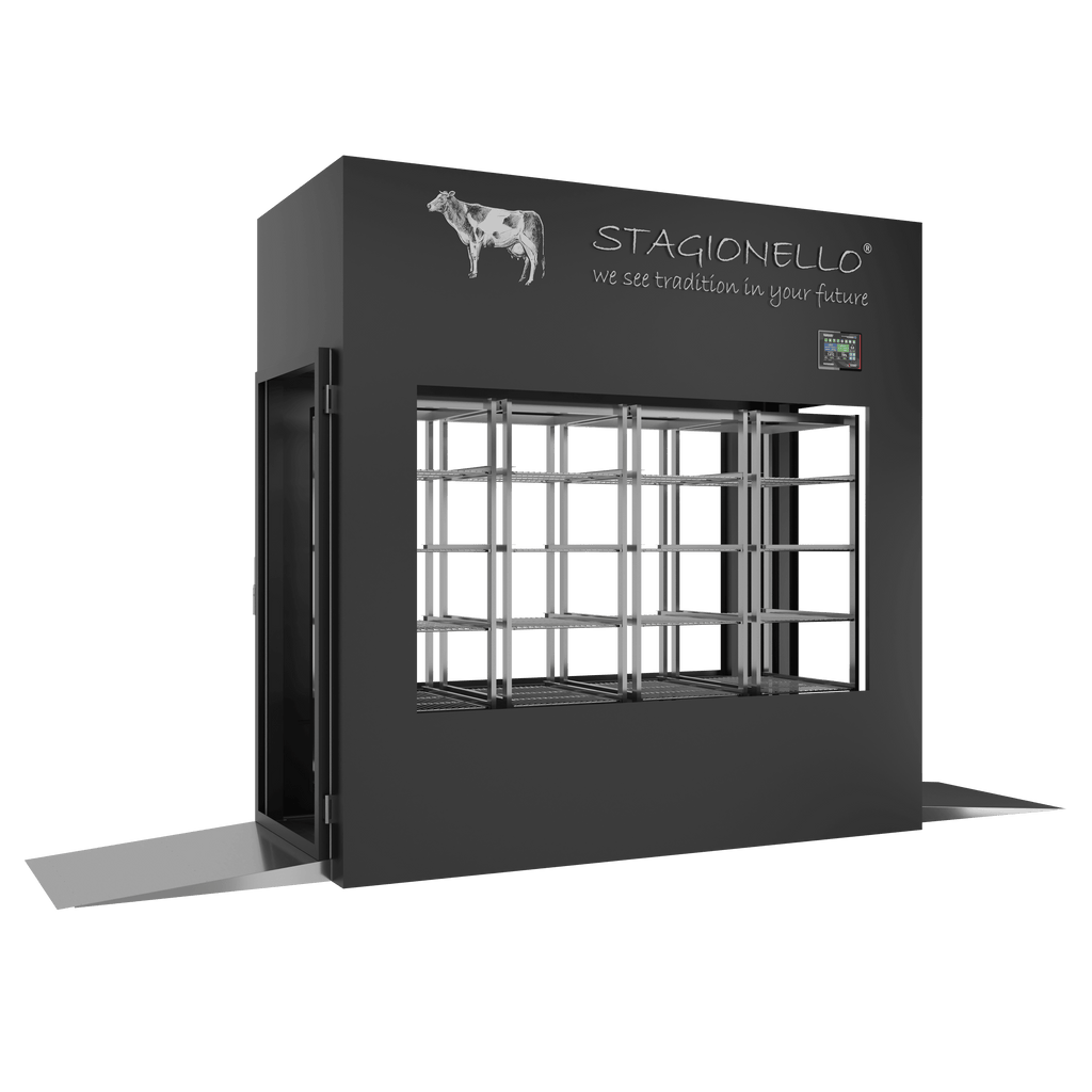 Stagionello® Meat Curing Device 600 kg Tunnel, 4-sided glass, left side view