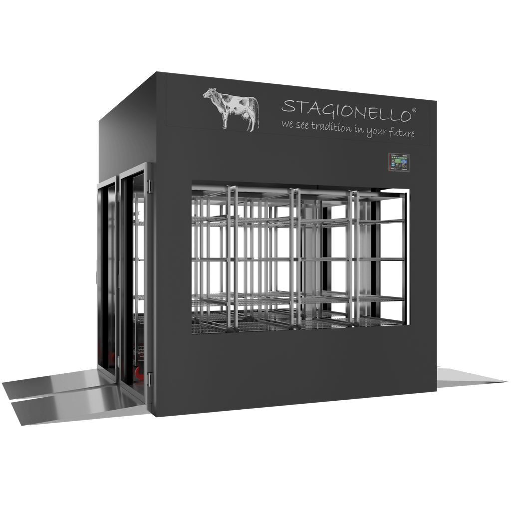 Stagionello® Meat Curing Device 1200 kg Tunnel, black finish, 4-sided glass, left side view