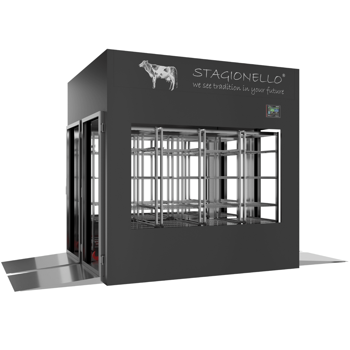 Stagionello® Meat Curing Device 1200 kg Tunnel, black finish, 4-sided glass, left side view
