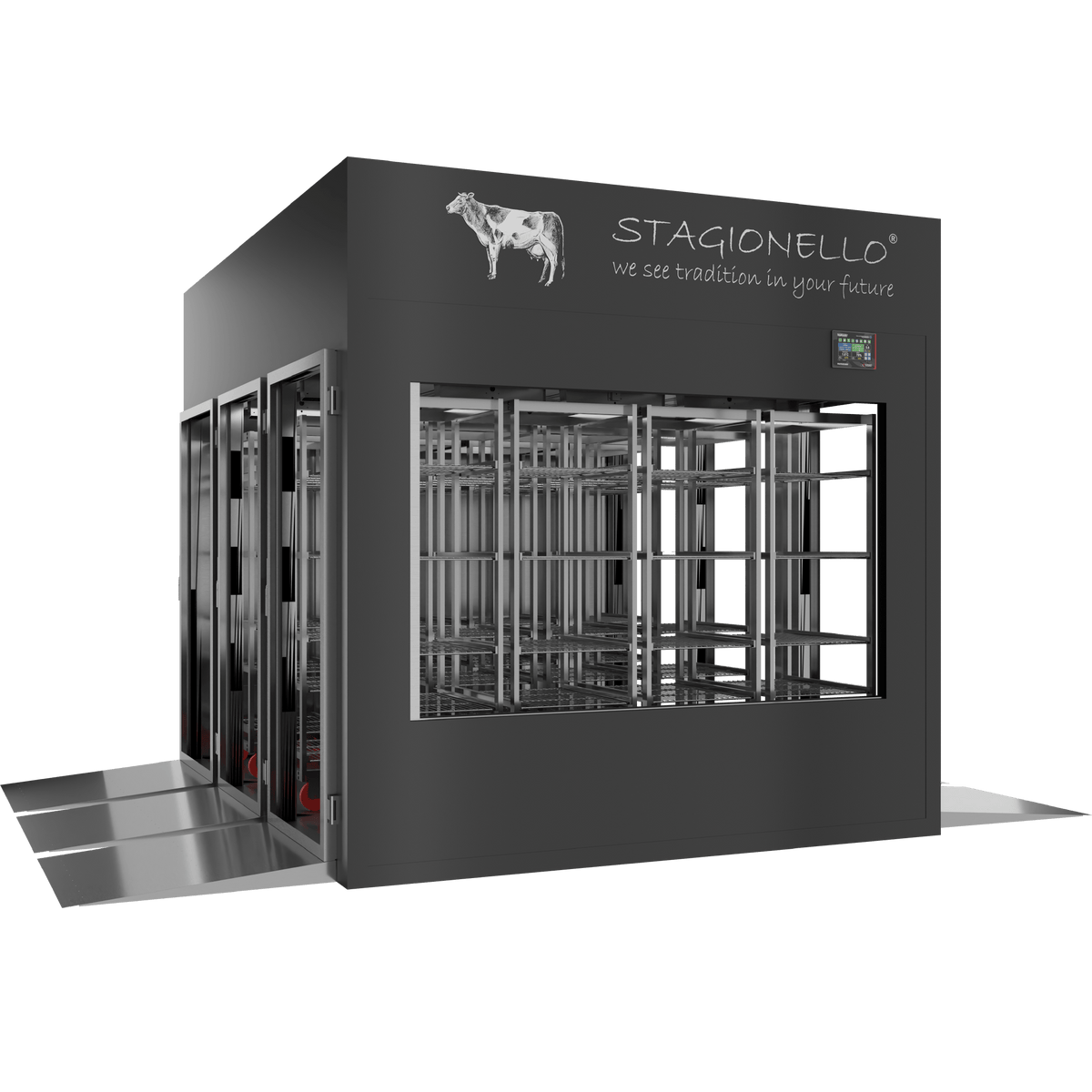 Stagionello® Meat Curing Device 1800 kg Tunnel, black finish, solid door, left side view