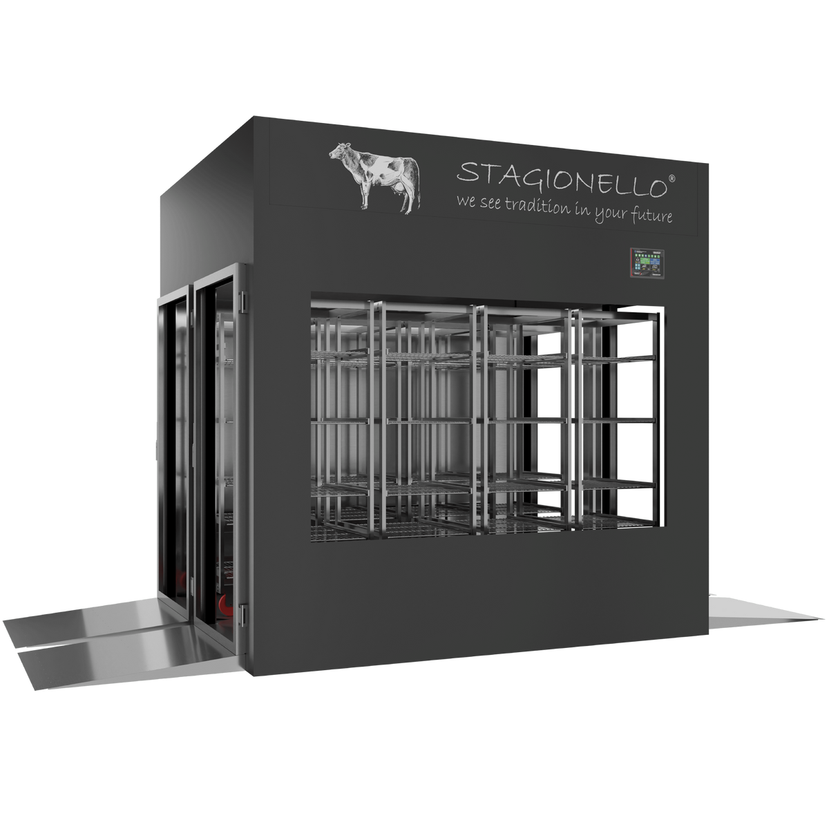 Stagionello® Meat Curing Device 1200 kg Tunnel, black finish, solid door, left side view
