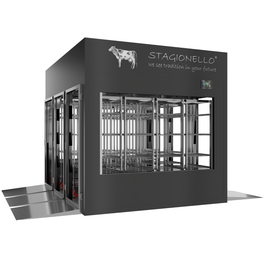 Stagionello® Meat Curing Device 1800 kg Tunnel, black finish, 4-sided glass, left side view