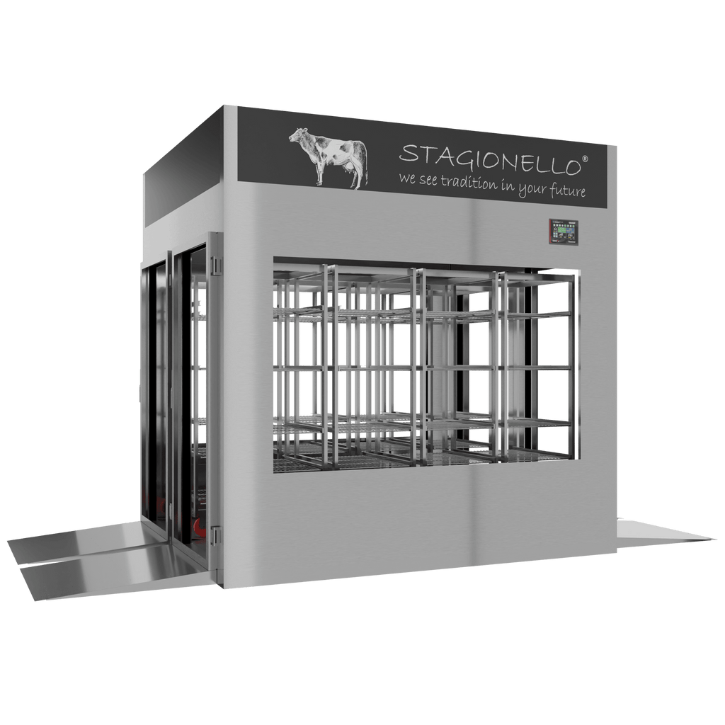 Stagionello® Meat Curing Device 1200 kg Tunnel, stainless steel, 4-sided glass, left side view