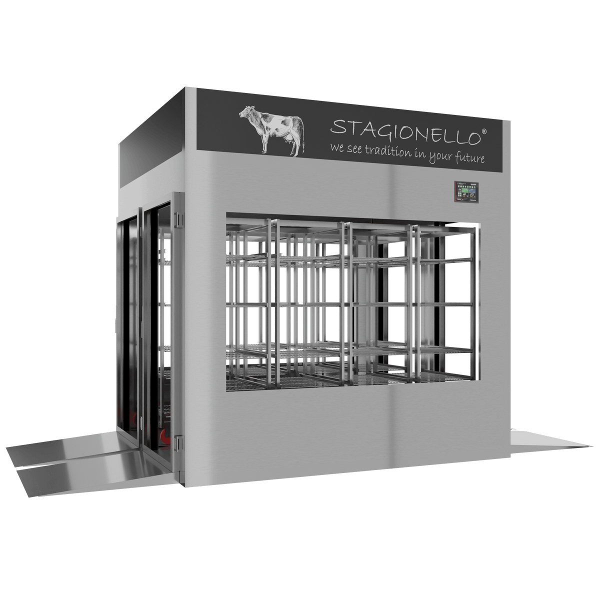Stagionello® Meat Curing Device 1200 kg Tunnel, stainless steel, 4-sided glass, left side view