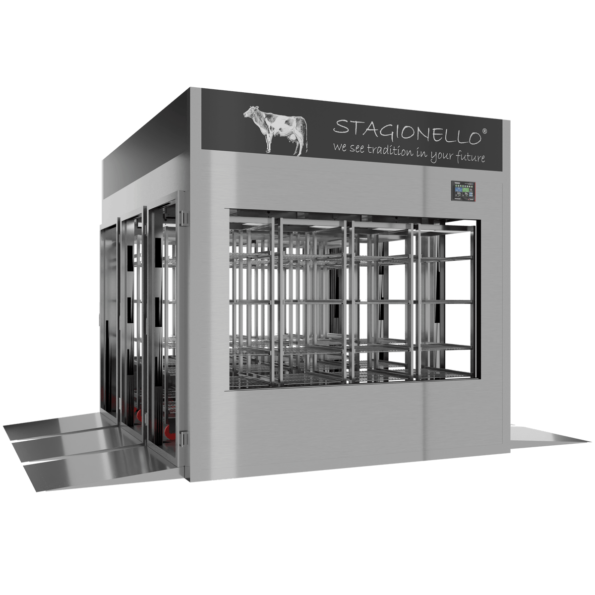 Stagionello® Meat Curing Device 1800 kg Tunnel, stainless steel, 4-sided glass, left side view