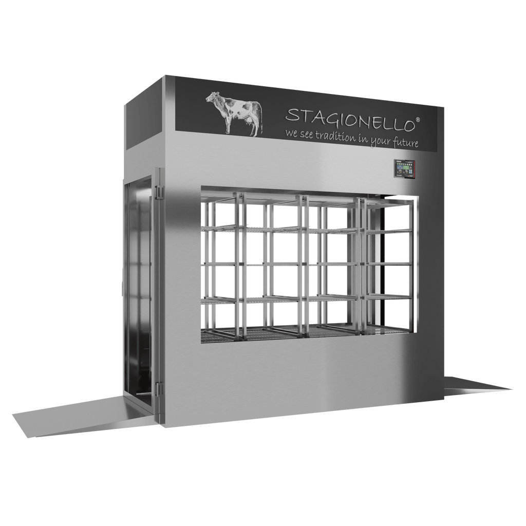 Stagionello® Meat Curing Device 600 kg Tunnel, stainless steel, 4-sided glass, left side view