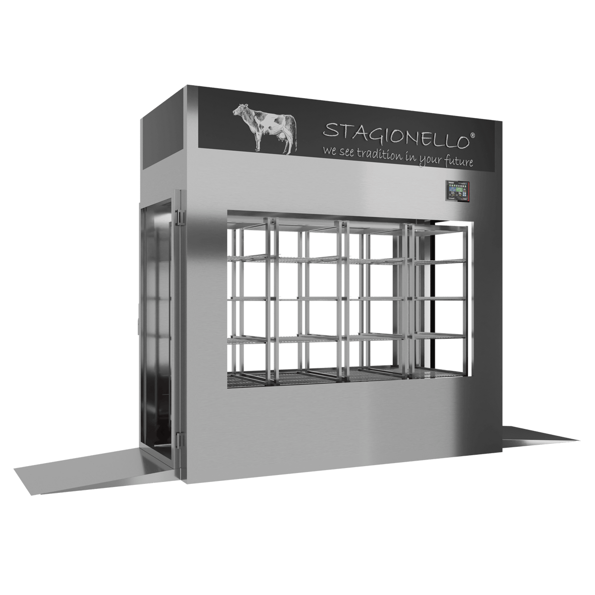 Stagionello® Meat Curing Device 600 kg Tunnel, stainless steel, 4-sided glass, left side view
