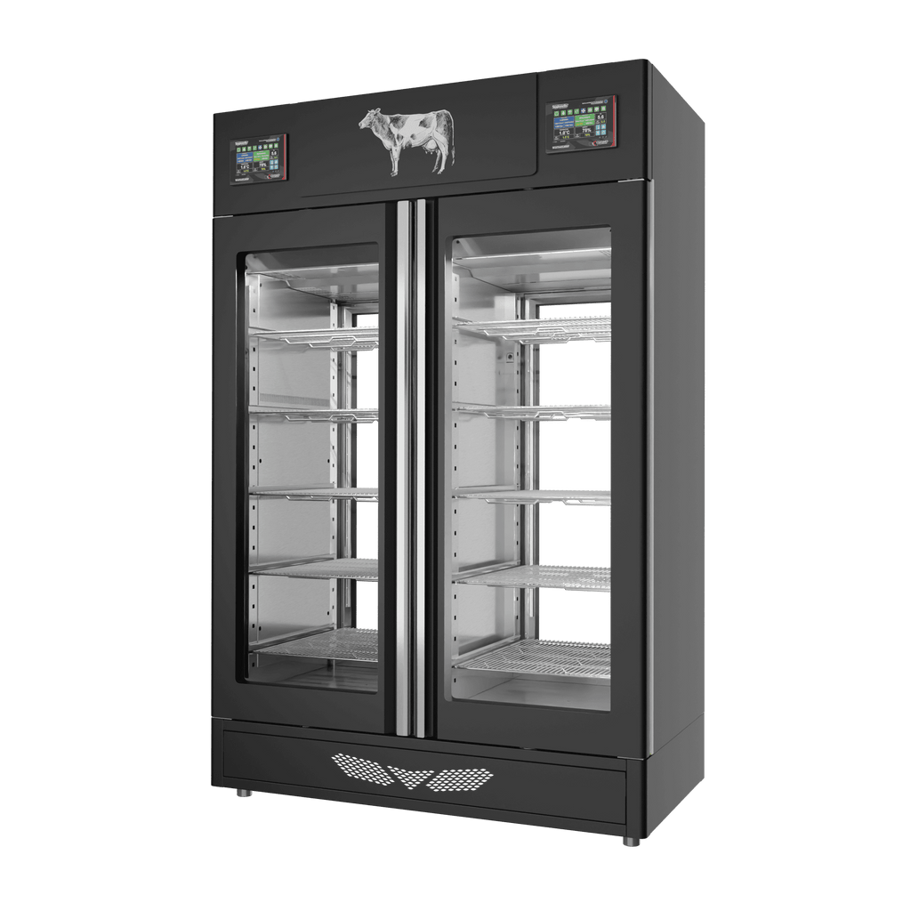 Stagionello® Meat Curing Device TWIN 100 + 100 kg, black finish, 2-sided glass, right side view