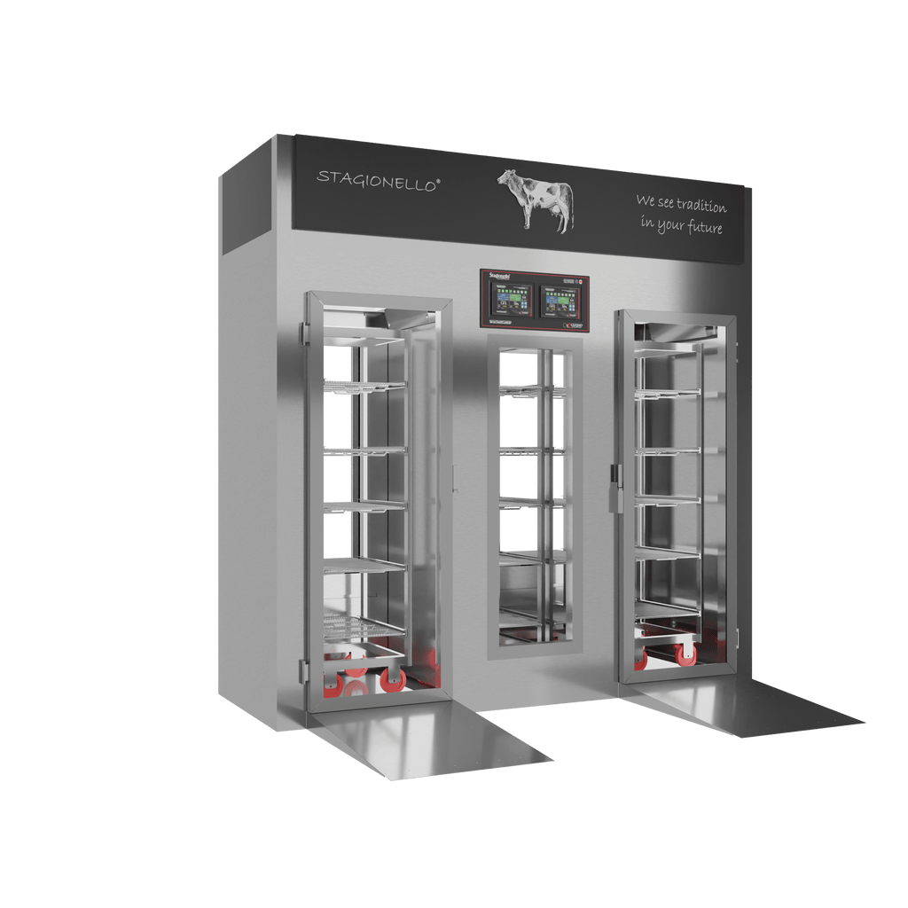 Stagionello® Meat Curing Device 100 + 300 kg Walk-In, stainless steel, 2-sided glass, left side view