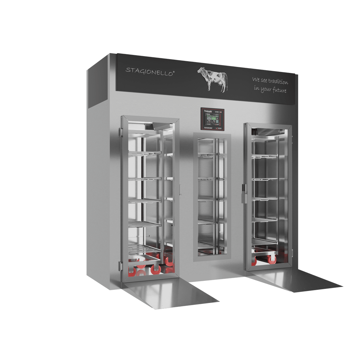Stagionello® Meat Curing Device 100 + 300 kg Walk-In, stainless steel, solid door, right side view