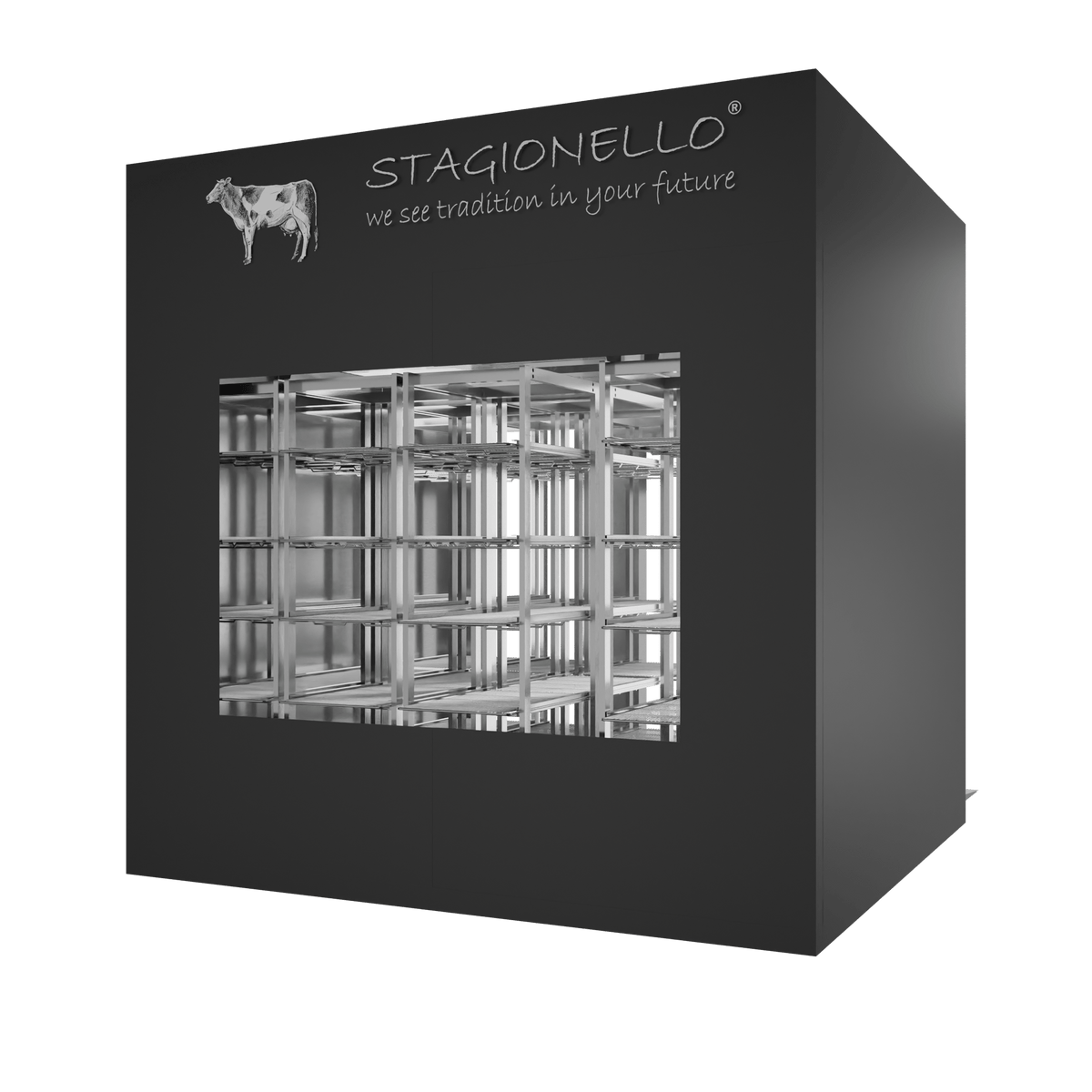 Stagionello® Meat Curing Device 1200 kg Walk-In, black finish, 2-sided glass, rear right view