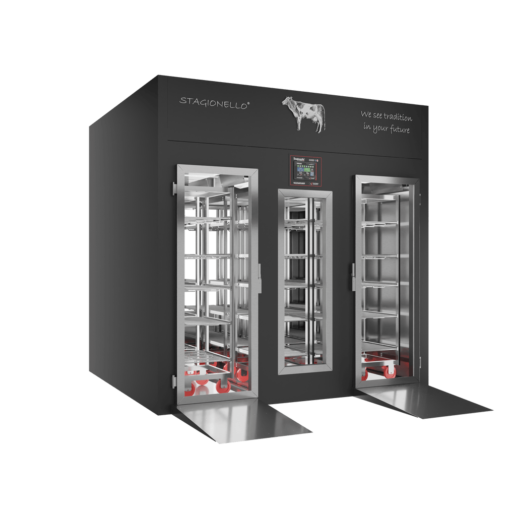 Stagionello® Meat Curing Device 1200 kg Walk-In, black finish, 2-sided glass, left side view