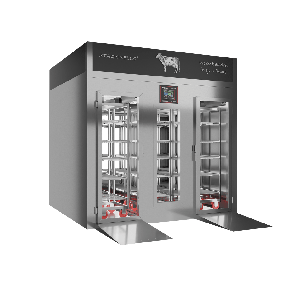 Stagionello® Meat Curing Device 1200 kg Walk-In, stainless steel, 2-sided glass, left side view
