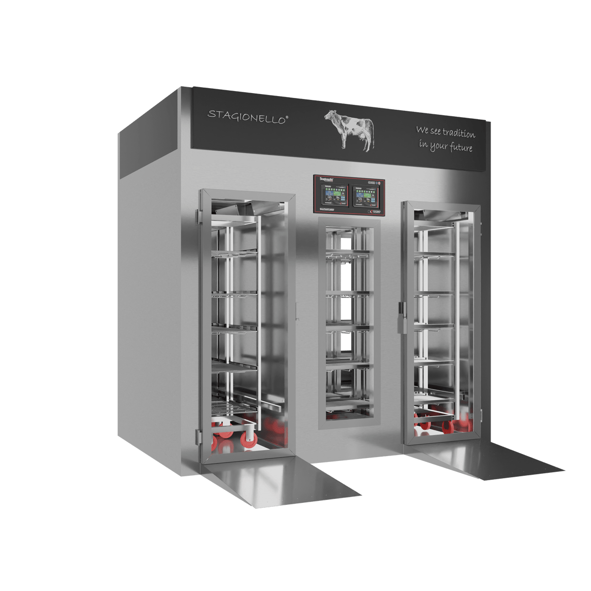 Stagionello® Meat Curing Device 200/600 kg Walk-In, stainless steel, 2-sided glass, left side view