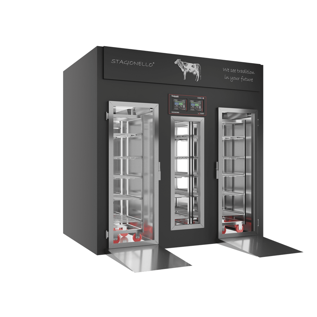 Stagionello® Meat Curing Device 200/600 kg Walk-In, 2-sided glass, left side view