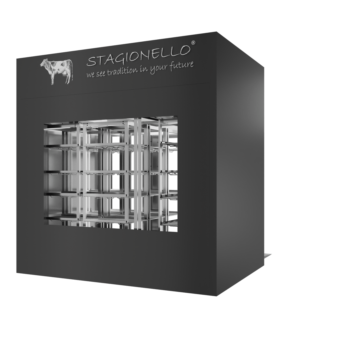 Stagionello® Meat Curing Device 800 kg Walk-In, black finish, 2-sided glass, rear right view