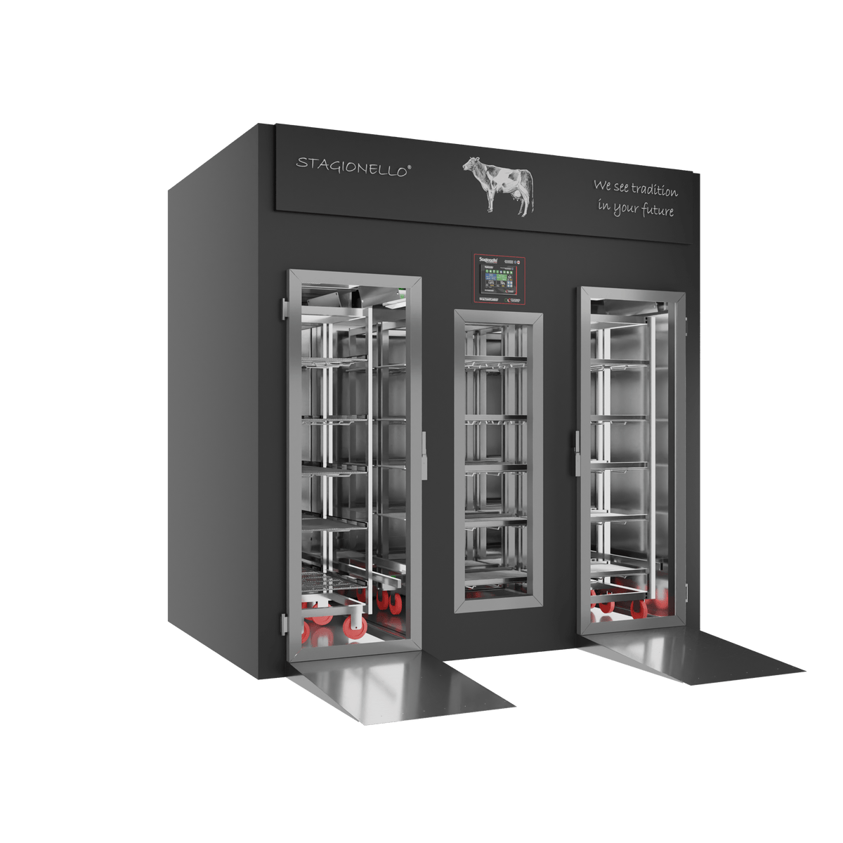 Stagionello® Meat Curing Device 800 kg Walk-In, black finish, solid door, left side view