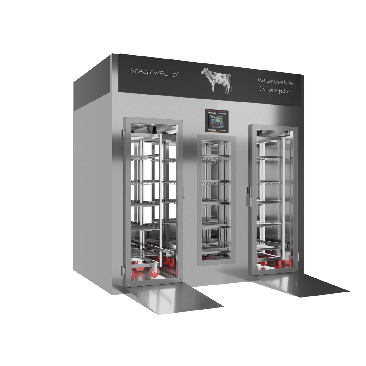 Stagionello® Meat Curing Device 800 kg Walk-In, stainless steel, 2-sided glass, left side view