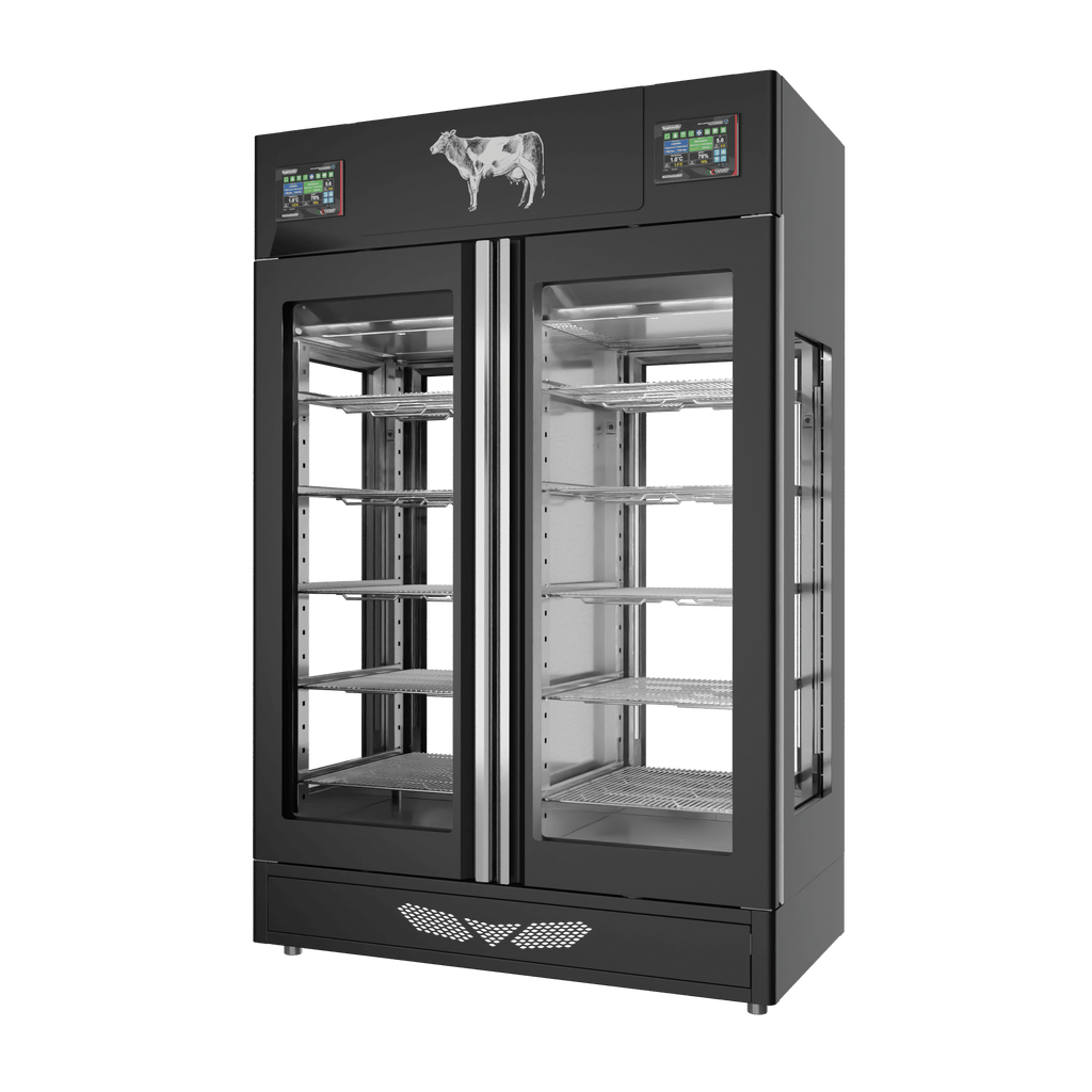 Stagionello® Meat Curing Device TWIN 100 + 100 kg, black finish, 4-sided glass, right side view
