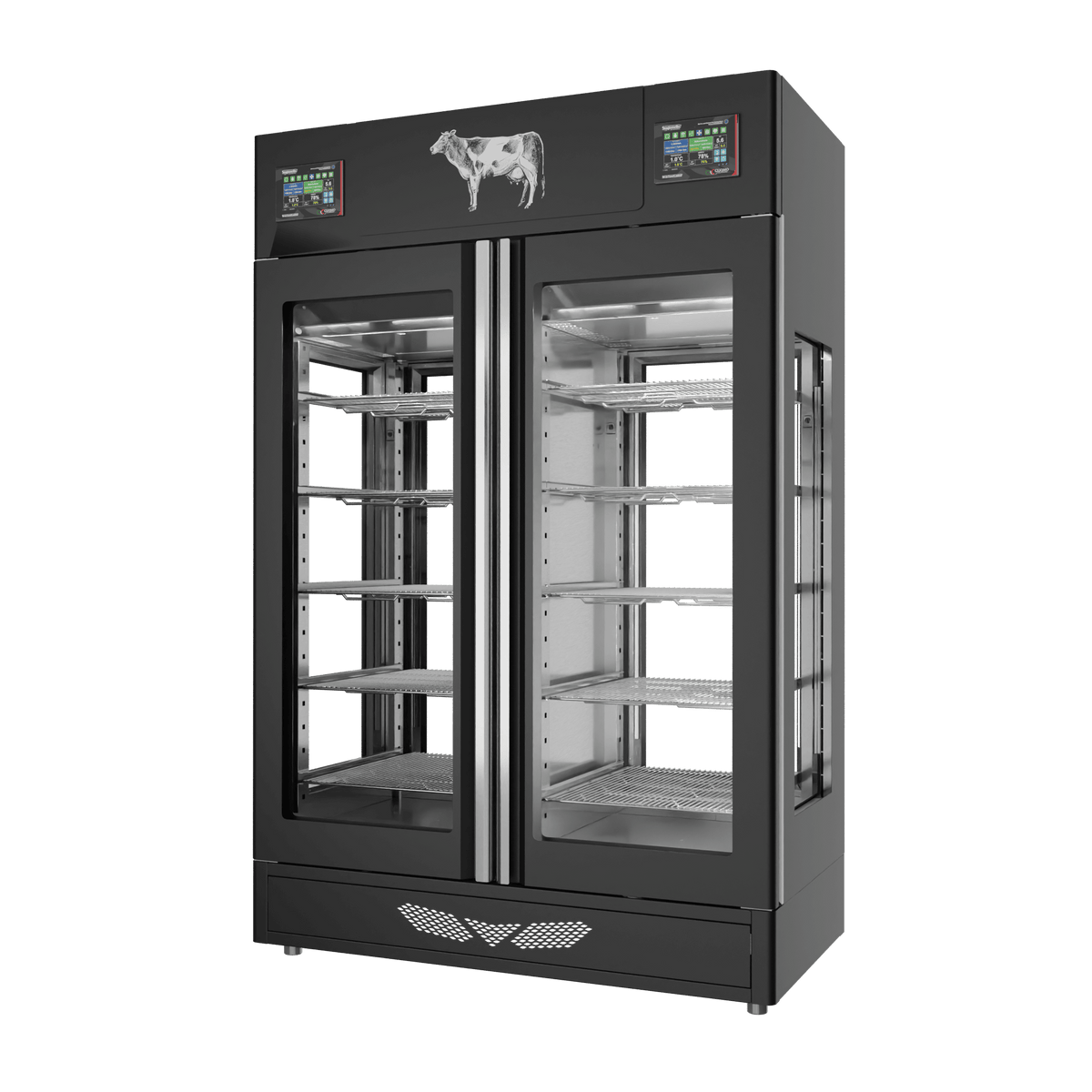 Stagionello® Meat Curing Device TWIN 100 + 100 kg, black finish, 4-sided glass, right side view
