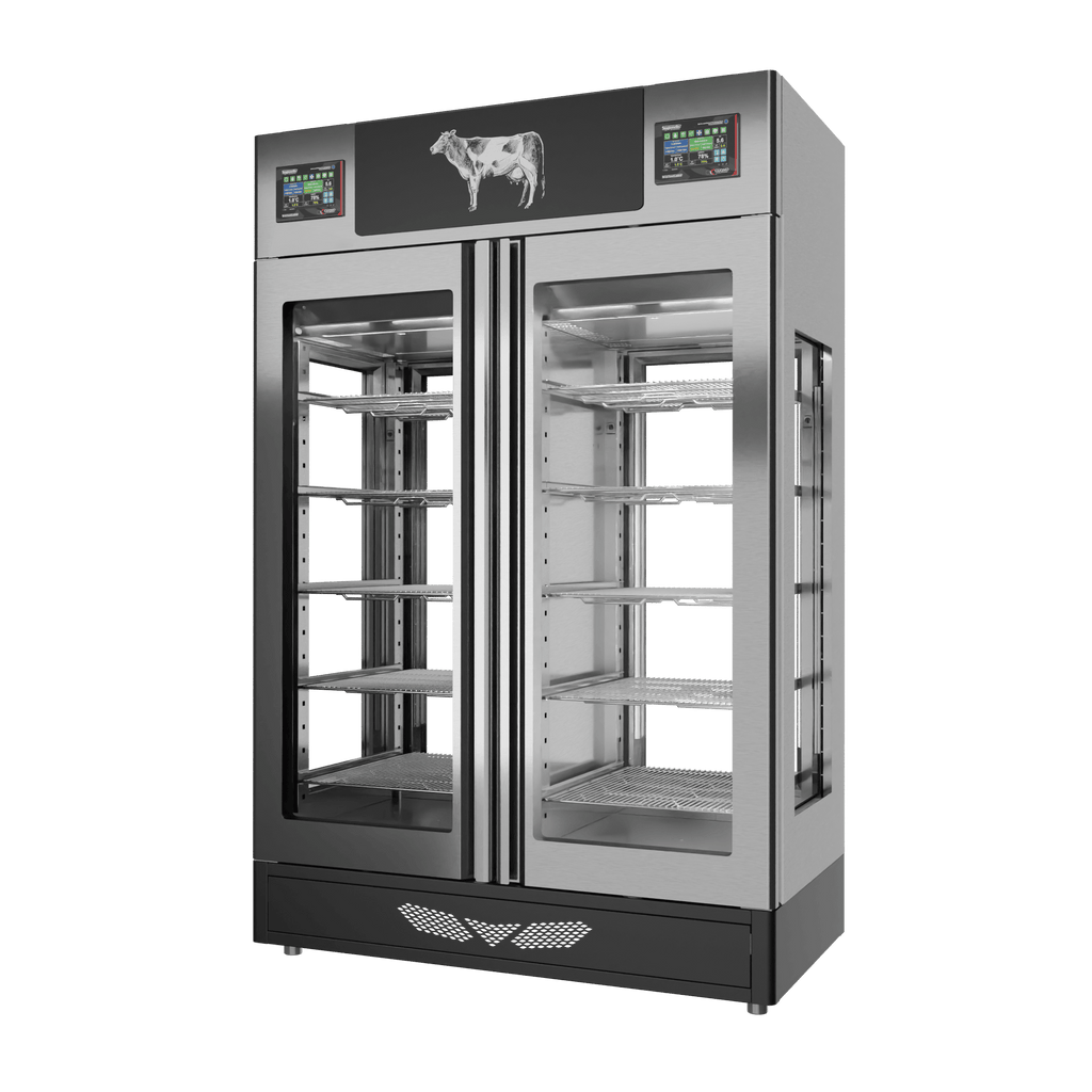 Stagionello® Meat Curing Device TWIN 100 + 100 kg, stainless steel, 4-sided glass, right side view