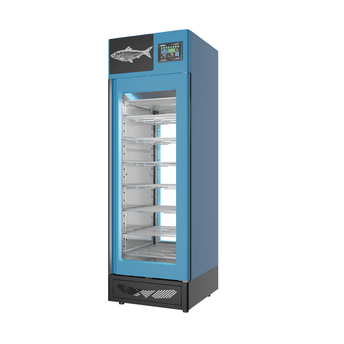 Stagionello® Fish Curing Device 100 kg, blue finish, 2-sided glass, right side view