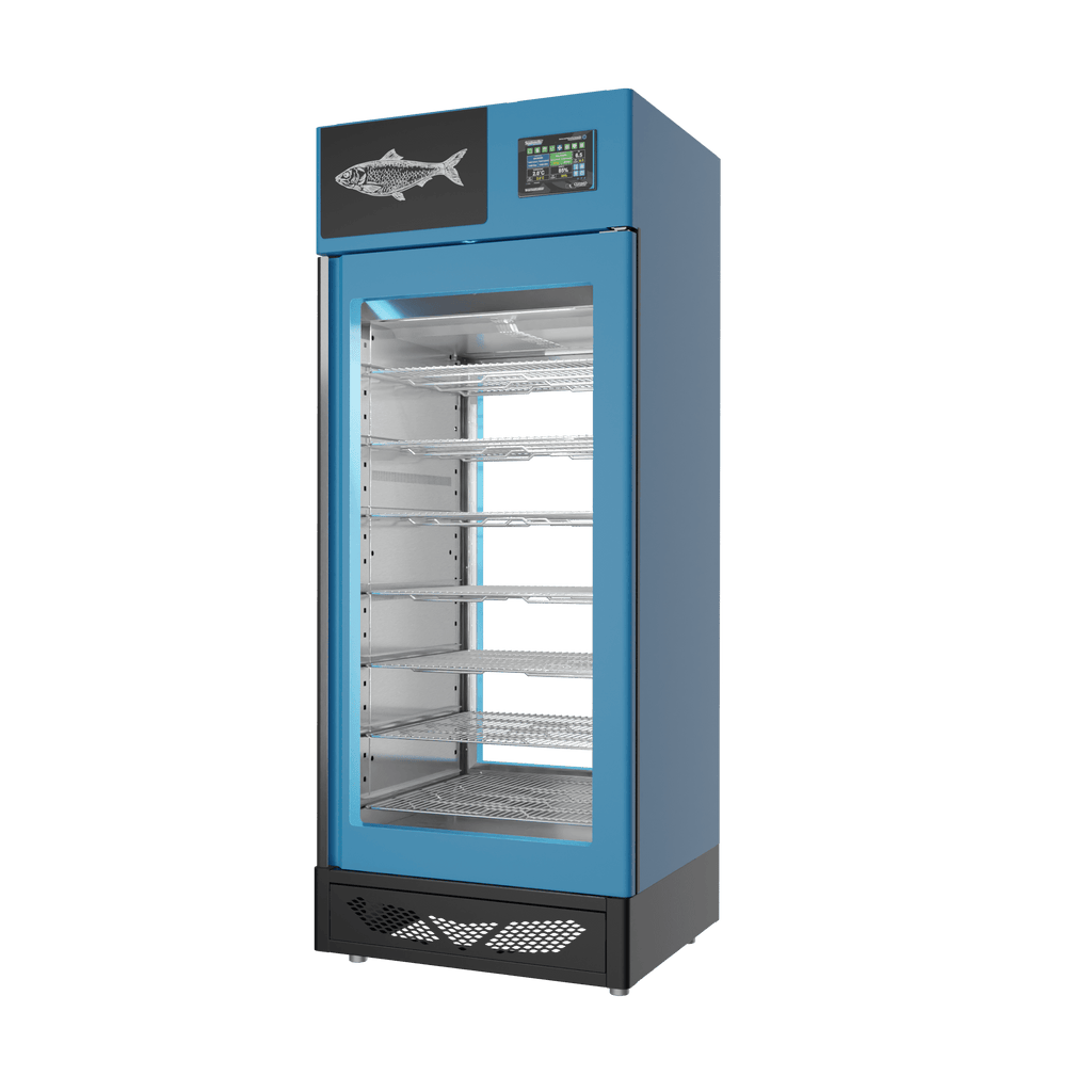 Stagionello® Fish Curing Device 150 kg, blue finish, 2-sided glass, right side view