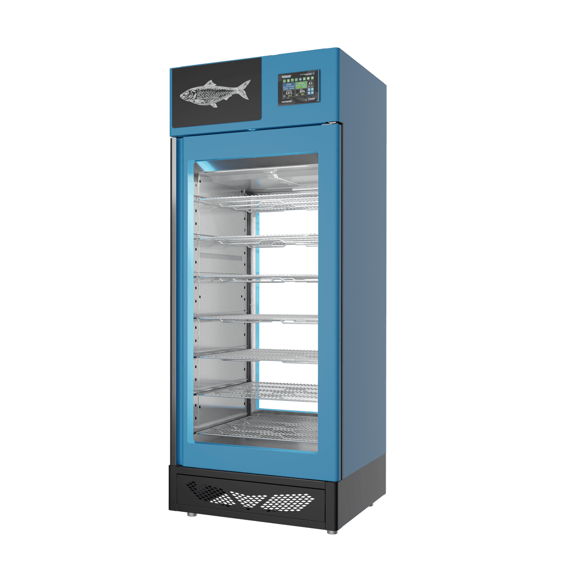 Stagionello® Fish Curing Device 150 kg, blue finish, 2-sided glass, right side view