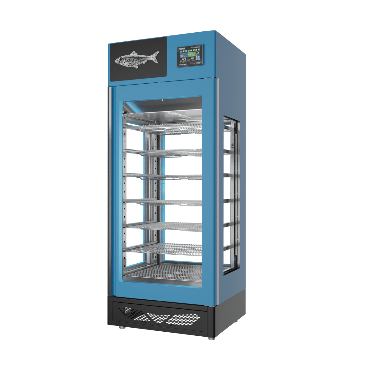Stagionello® Fish Curing Device 150 kg, blue finish, 4-sided glass, right side view