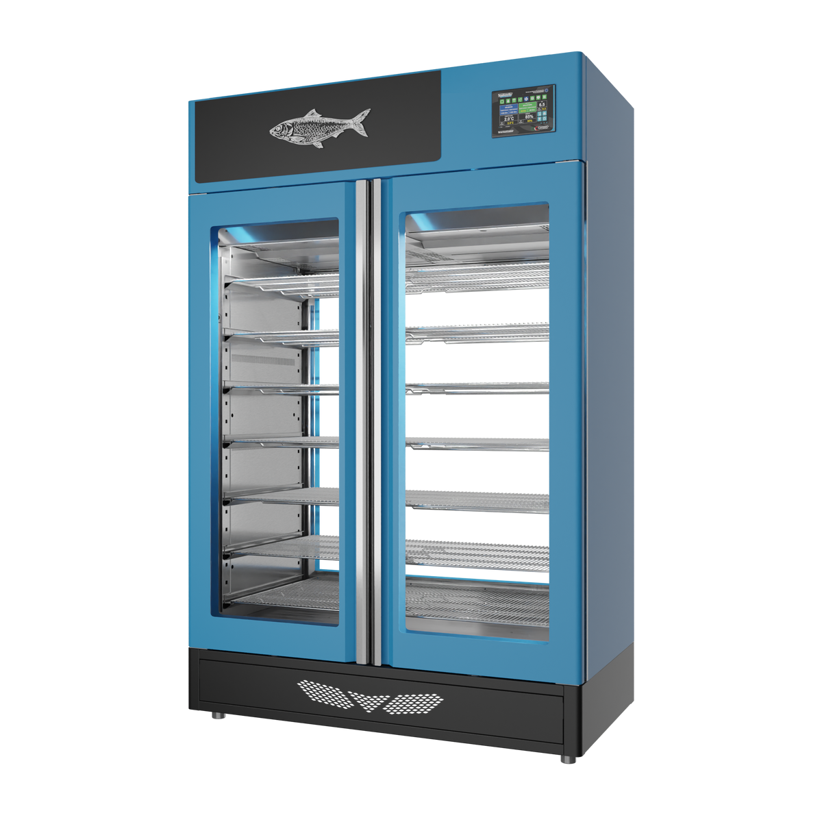 Stagionello® Fish Curing Device 200 kg, blue finish, 2-sided glass, right side view