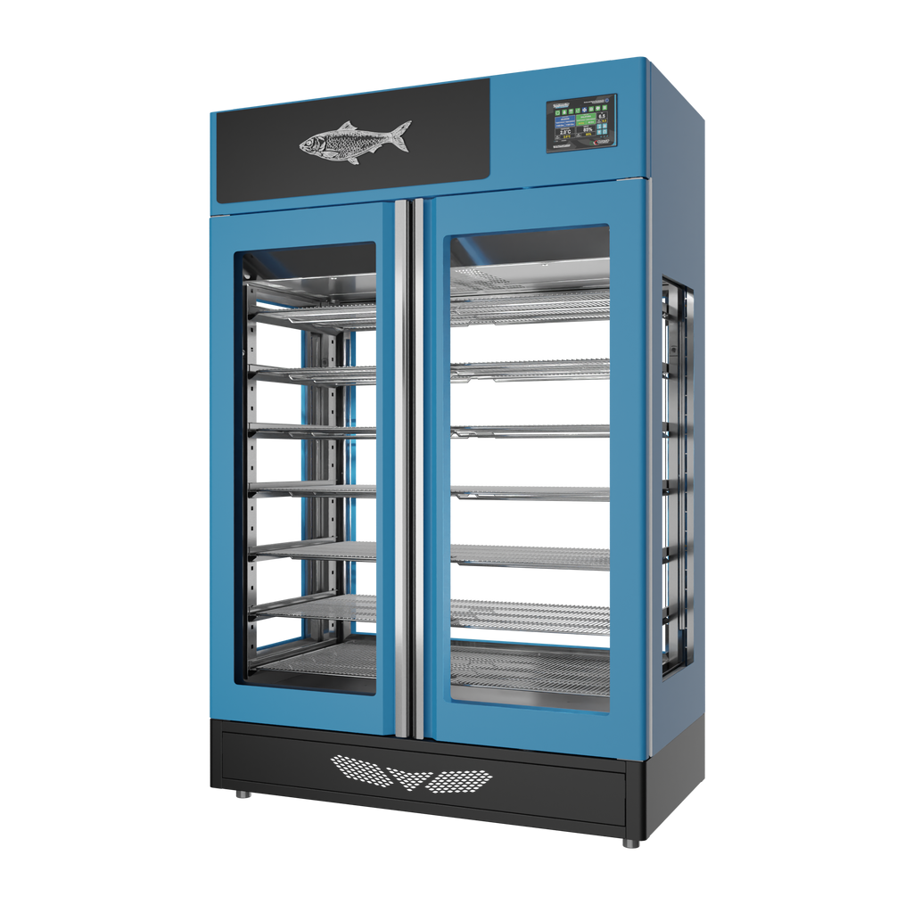 Stagionello® Fish Curing Device 200 kg, blue finish, 4-sided glass, right side view