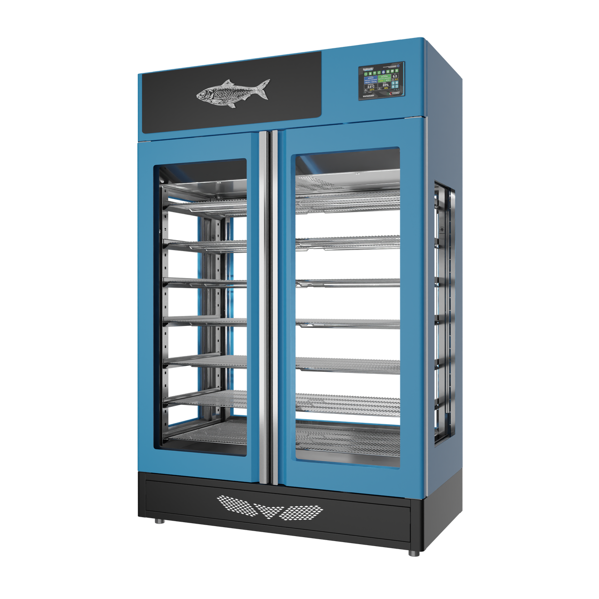 Stagionello® Fish Curing Device 200 kg, blue finish, 4-sided glass, right side view