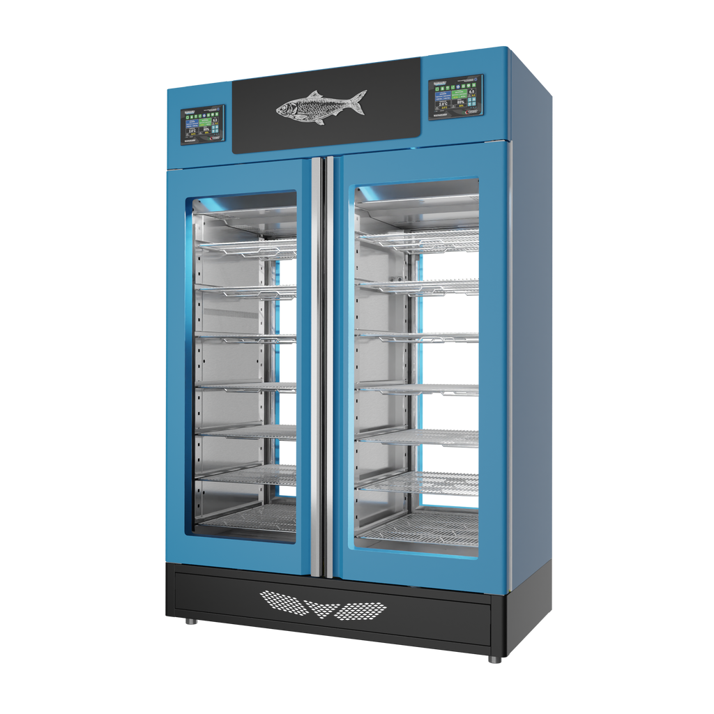 Stagionello® Fish Curing Device TWIN 100 + 100 kg, blue finish, 2-sided glass, right side view