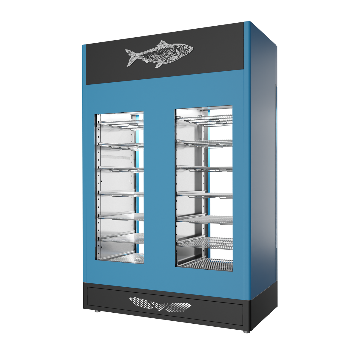 Stagionello® Fish Curing Device TWIN 100 + 100 kg, blue finish, 2-sided glass, rear view