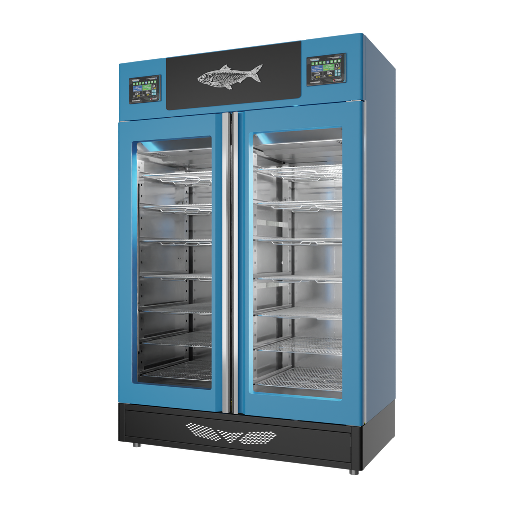 Stagionello® Fish Curing Device TWIN 100 + 100 kg, blue finish, solid door, right side view