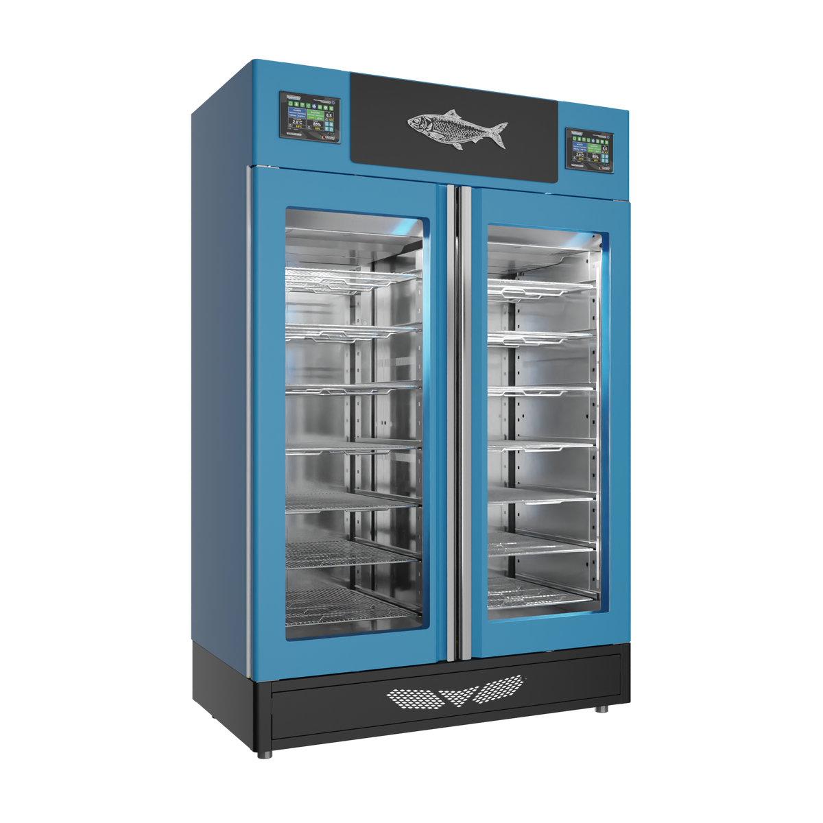 Stagionello® Fish Curing Device TWIN 100 + 100 kg, blue finish, solid door, left side view