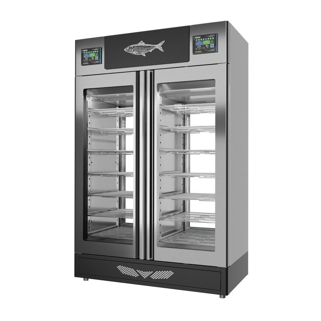 Stagionello® Fish Curing Device TWIN 100 + 100 kg, stainless steel, 2-sided glass, right side view
