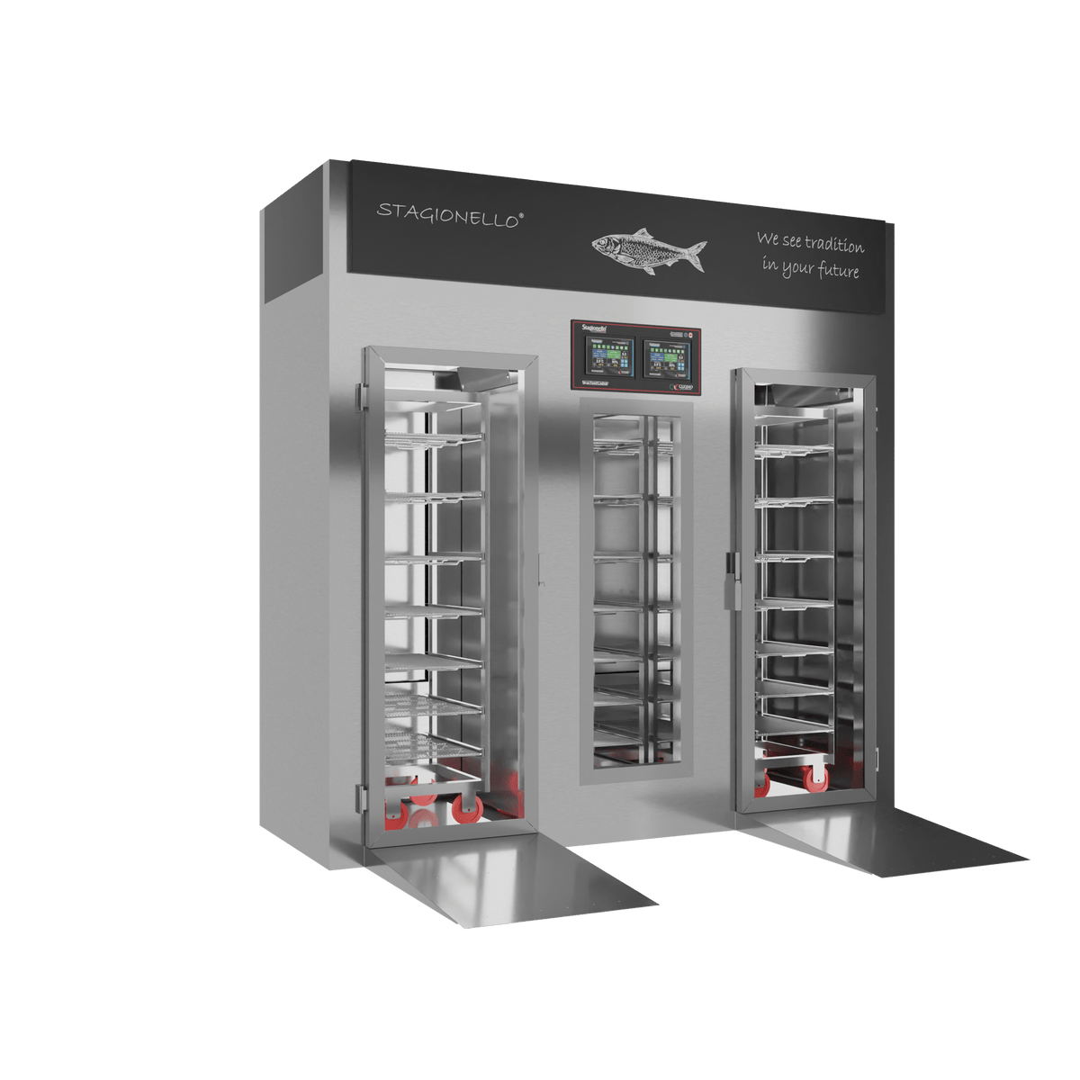Stagionello® Fish Curing Device 100/300 kg Walk-In, stainless steel, solid door, left side view