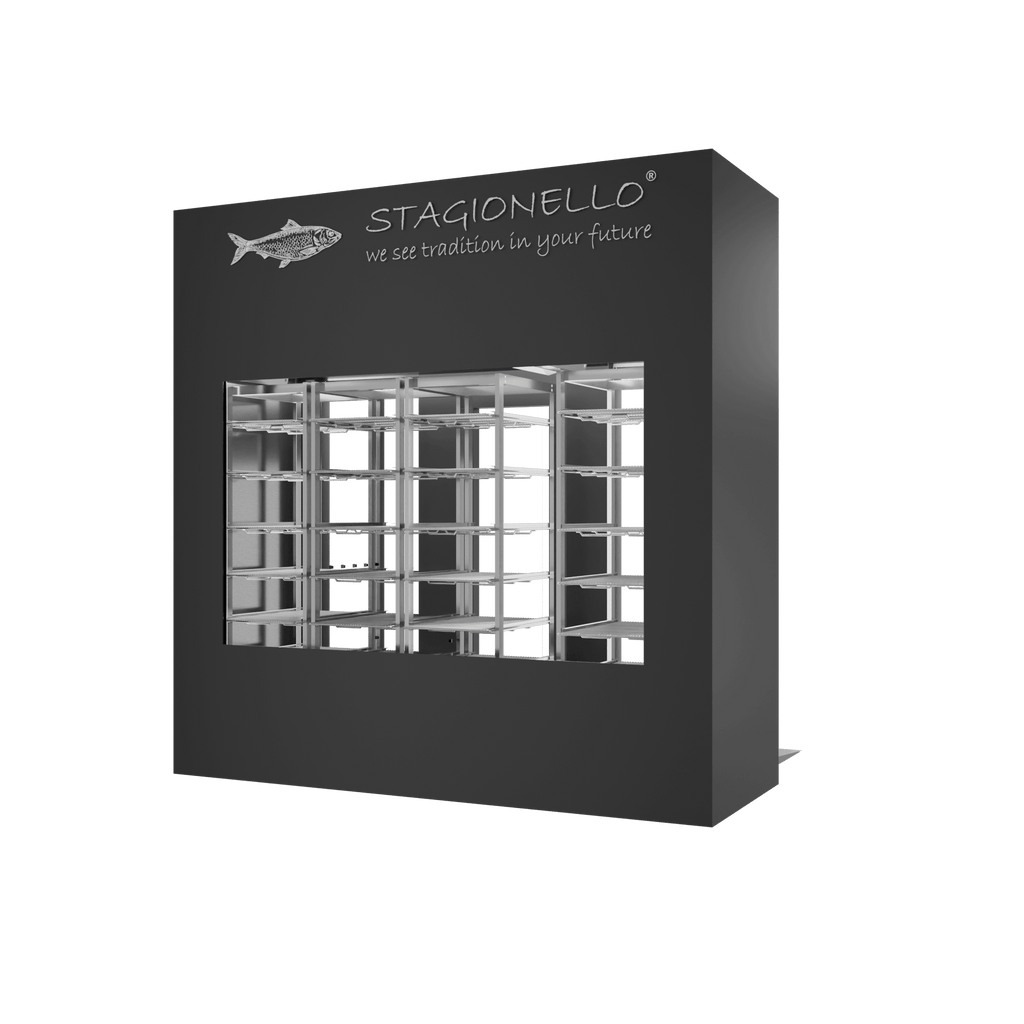 Stagionello® Fish Curing Device 400 kg Walk-In, colored finish, 2-sided glass, rear view