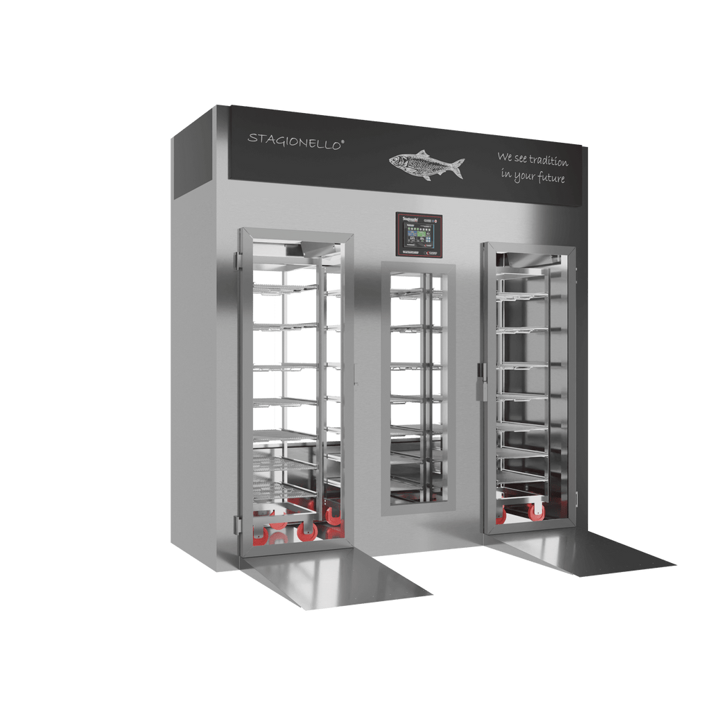 Stagionello® Fish Curing Device 400 kg Walk-In, stainless steel, 2-sided glass, left side view