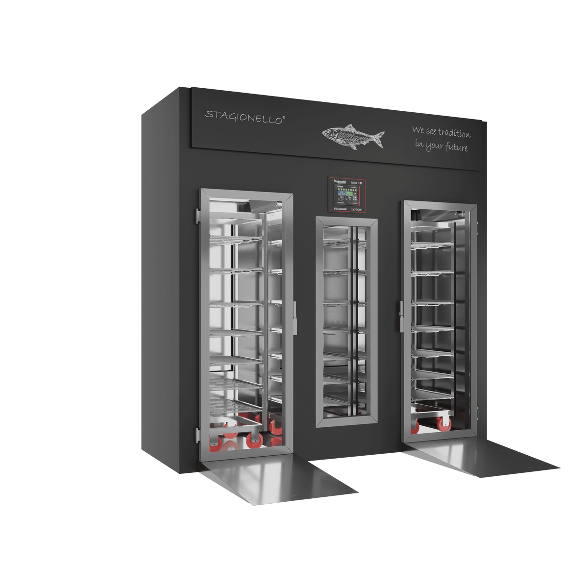 Stagionello® Fish Curing Device 400 kg Walk-In, solid door, left side view