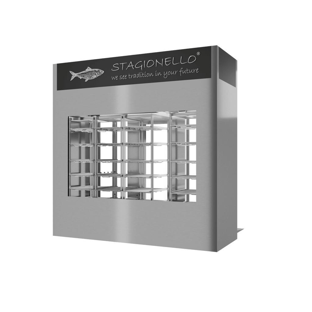 Stagionello® Fish Curing Device 400 kg Walk-In, 2-sided glass, rear view