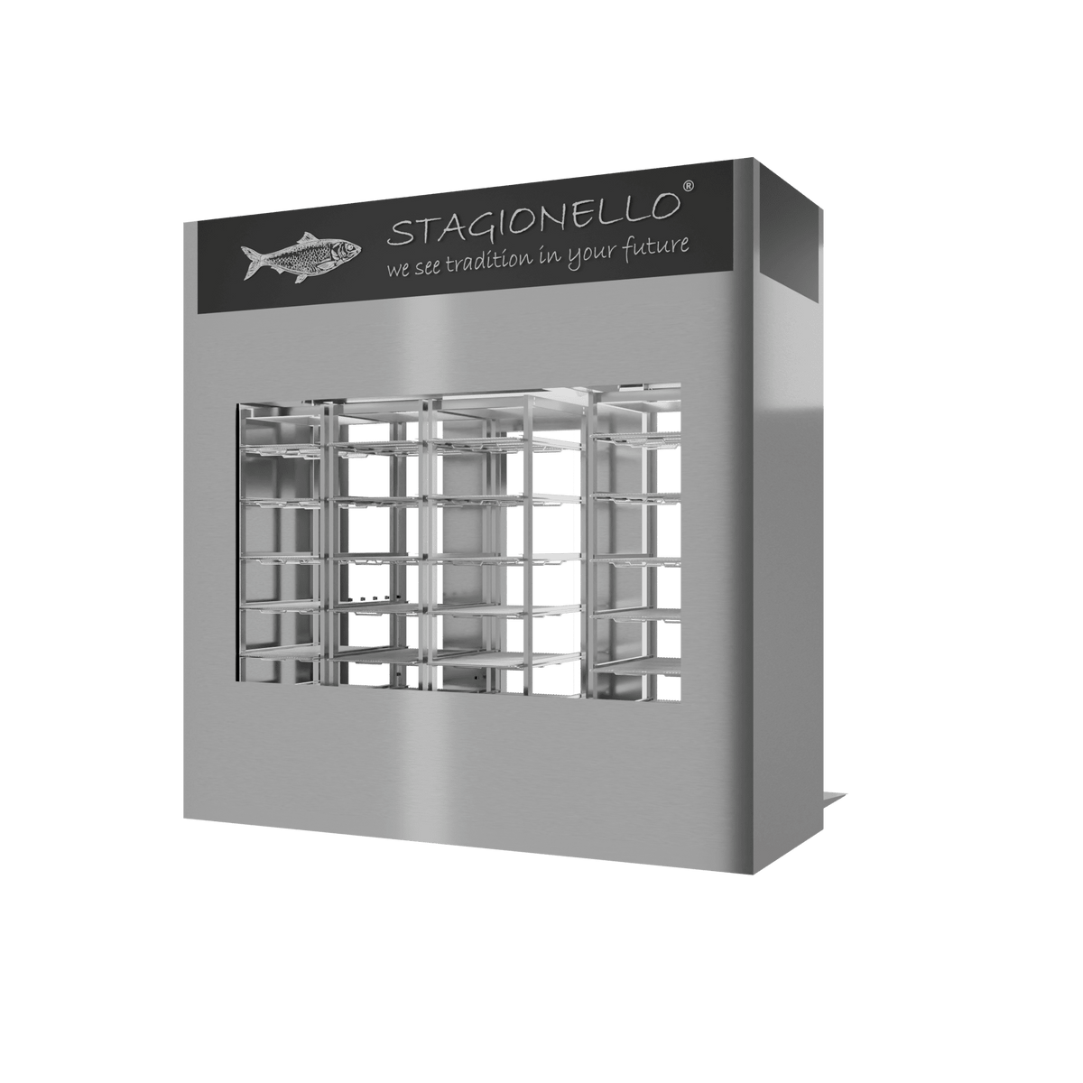 Stagionello® Fish Curing Device 400 kg Walk-In, 2-sided glass, rear view