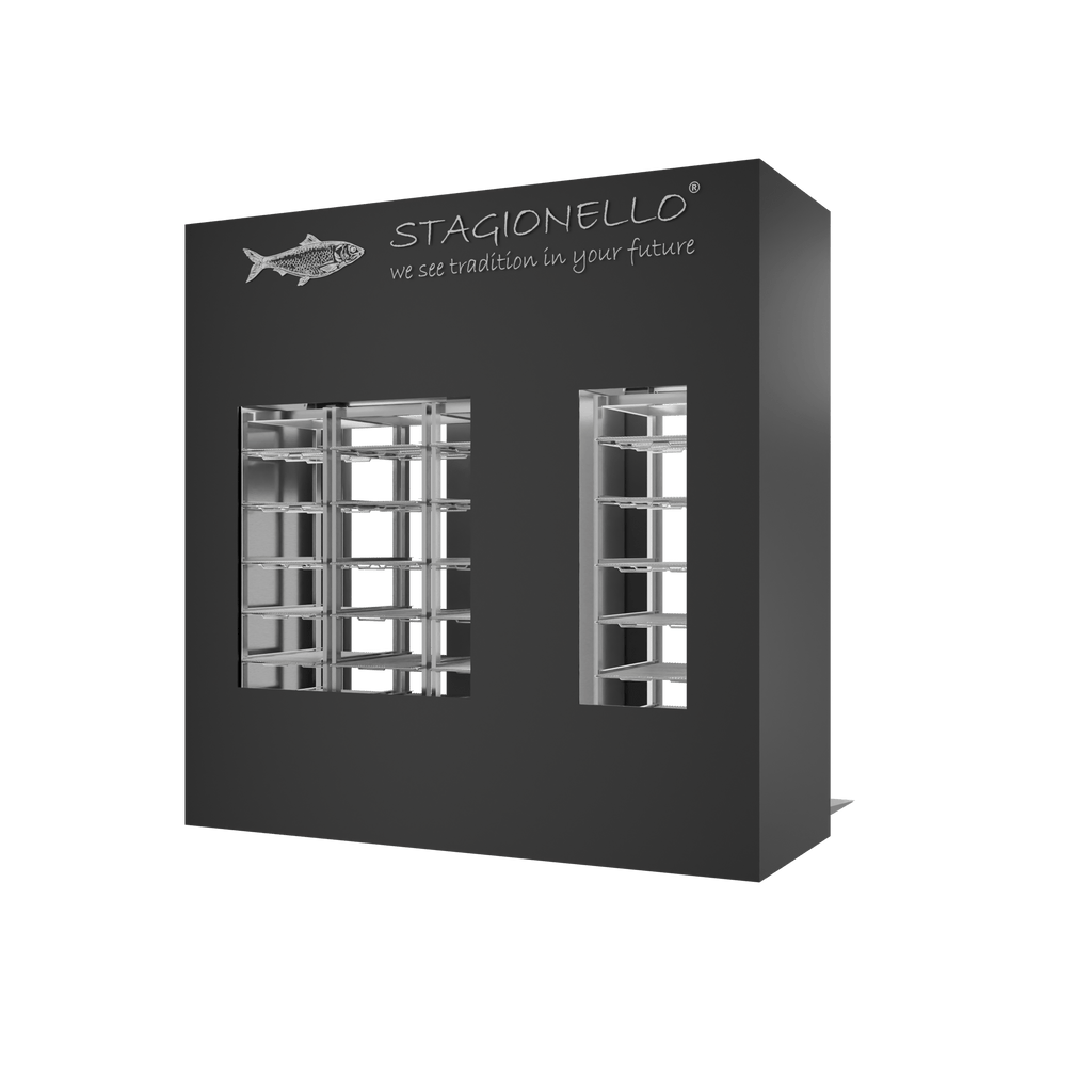 Stagionello® Fish Curing Device 100/300 kg Walk-In, colored finish, 2-sided glass, rear right view