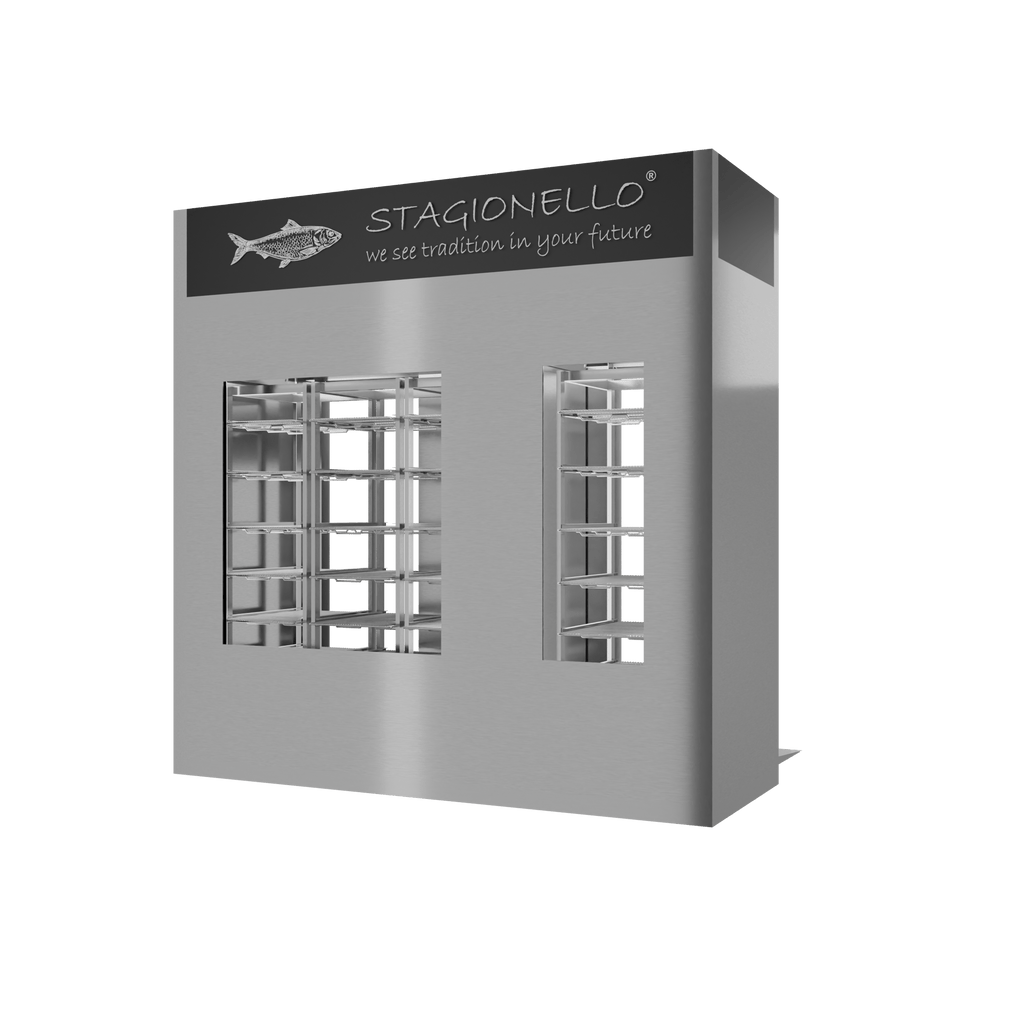 Stagionello® Fish Curing Device 100/300 kg Walk-In, stainless steel, 2-sided glass, rear right view
