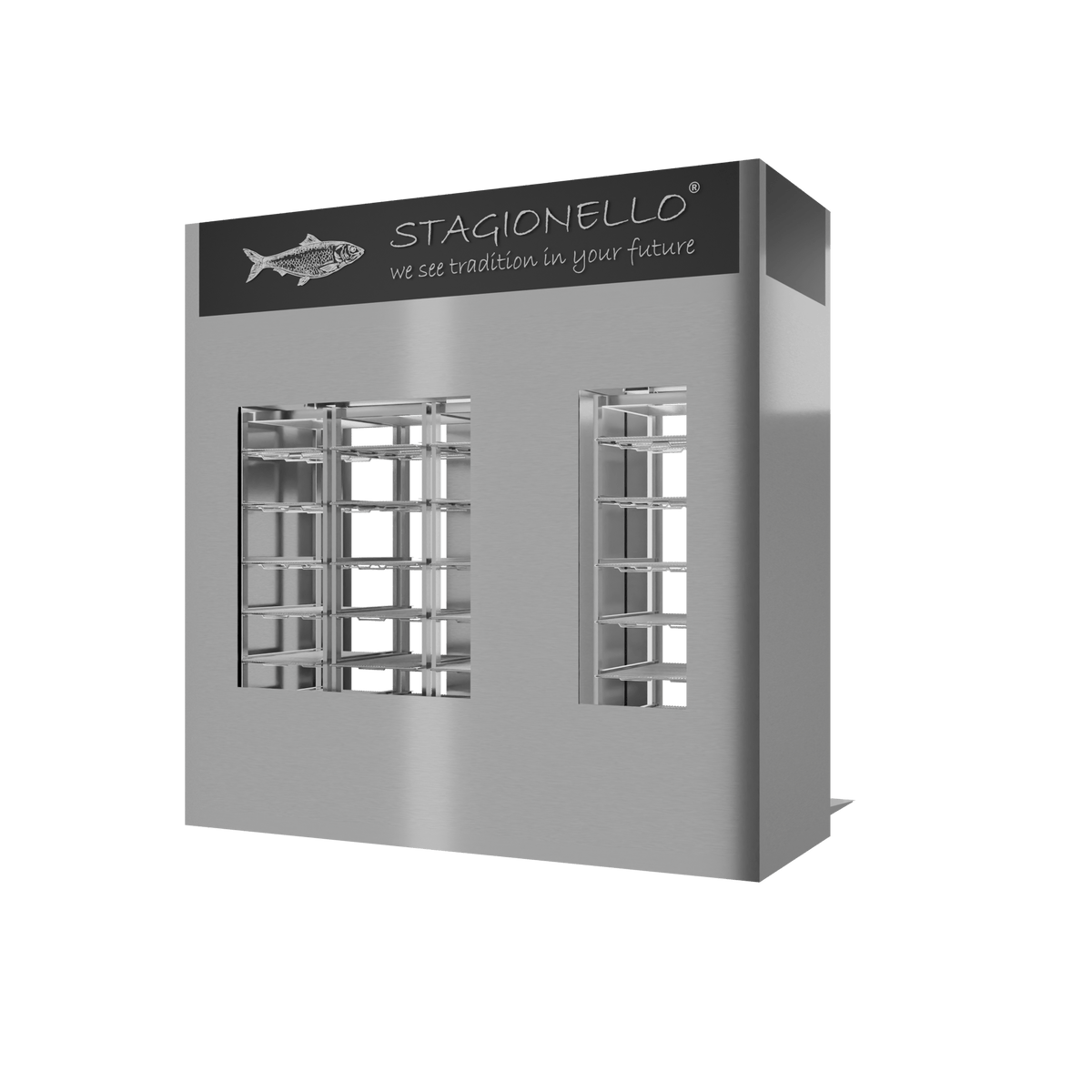 Stagionello® Fish Curing Device 100/300 kg Walk-In, stainless steel, 2-sided glass, rear right view